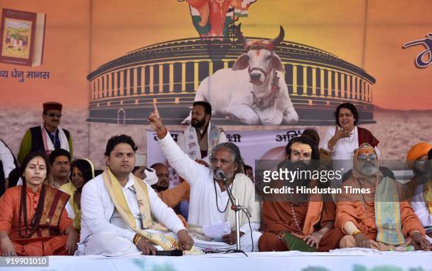 Gau Ganga Kripakanshi Gopal Mani Maharaj addresses during the Gau Mata Pratishtha Aandolan, a Maha Rally to declare cow as the Mother of National at...