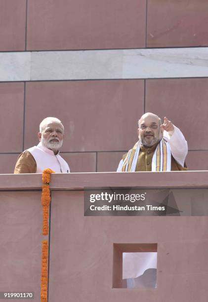 Prime Minister of India Narendra Modi and BJP National President Amit Shah during the inauguration of BJP headquarter building at 6-A, Deen Dayal...