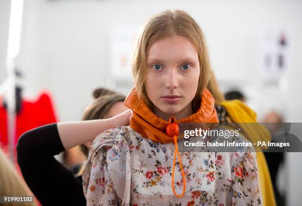 Model backstage before the Preen by Thornton Bregazzi Autumn/Winter 2018 London Fashion Week show at the Topshop Showspace, London. PRESS...