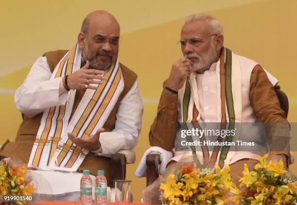 Prime Minister of India Narendra Modi and BJP National President Amit Shah during the inauguration of BJP headquarter building at 6-A, Deen Dayal...