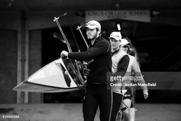 The Cambridge Crew prepare their boat ahead of the Boat Race Trial race between Cambridge University Boat Club and University of London on February...