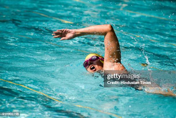 Contestants of Swimathon in action at swimming pool at Balgandharva Rangamandir, on February 17, 2018 in Pune, India. Swimathon organised by Champion...