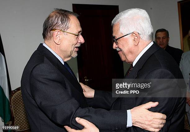 In this handout image provided by the Palestinian Press Office, President Mahmoud Abbas meets with European Union foreign affairs chief Javier Solana...