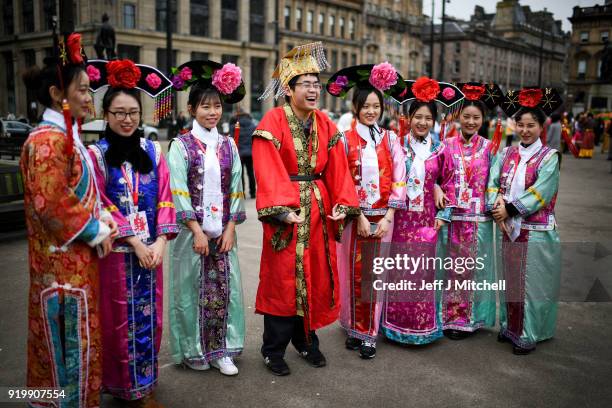 The Chinese community gather in Glasgow celebrate during Lunar New Year celebrations for the Year of the Dog at George Square on February 18, 2018 in...