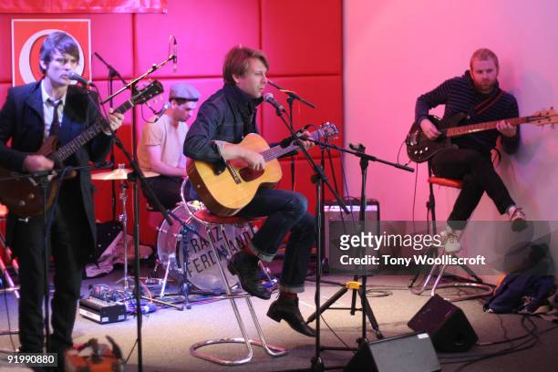 Nicholas McCarthy, Paul Thompson, Alex Kapranos and Robert Hardy of Franz Fredinand perform an acoustic gig for Kerrang Radio on October 19, 2009 in...