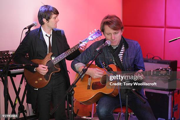 Nicholas McCarthy and Alex Kapranos of Franz Fredinand perform an acoustic gig for Kerrang Radio on October 19, 2009 in Birmingham, England.