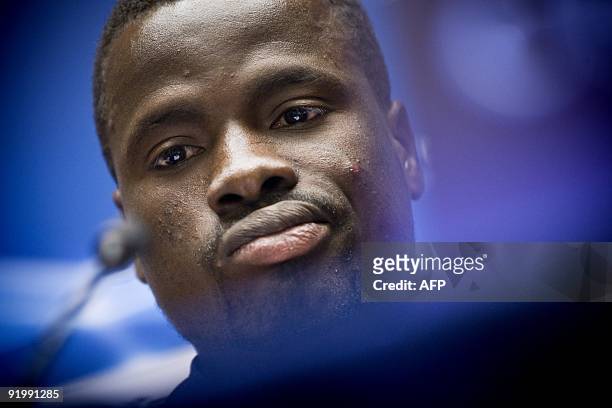 Arsenal-player Emmanuel Eboue talks to journalists during a press conference in Schiphol on October 19, 2009 on the eve of their Champions League...