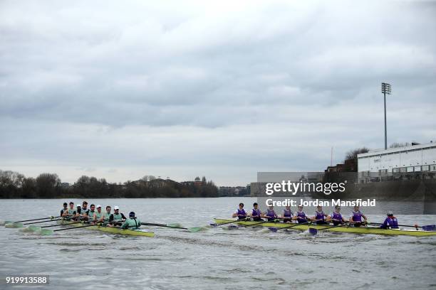 Both crews pass Craven Cottage during the Boat Race Trial race between Cambridge University Boat Club and University of London on February 18, 2018...