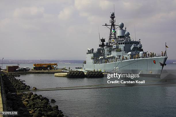 The german frigate Karlsruhe is docked in the Port of Djibouti on December 15, 2008 in Djibouti. The warship F212 of the German Navy takes part in...