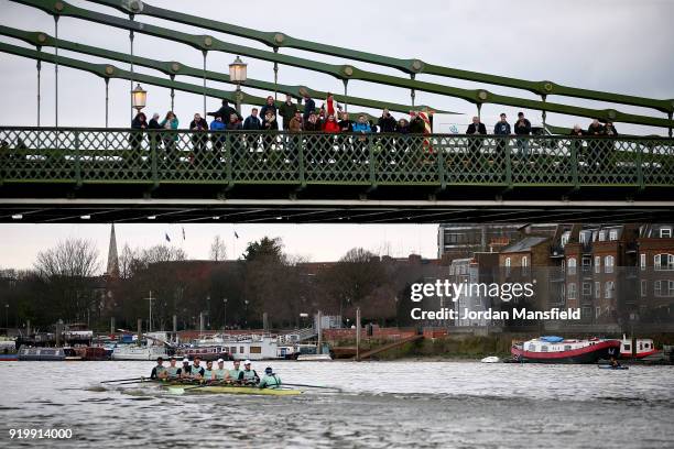 The Cambridge University Boat Club pass under Hammersmith Bridge during the Boat Race Trial race between Cambridge University Boat Club and...