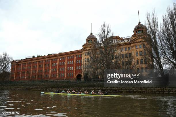 The Cambridge University Boat Club pass the Harrods Furniture Depository during the Boat Race Trial race between Cambridge University Boat Club and...