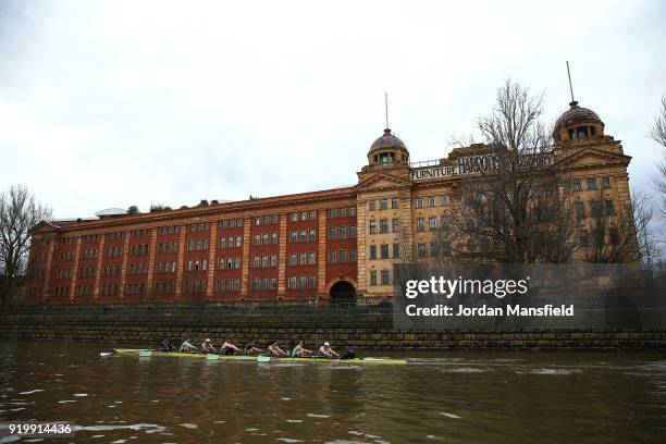 The Cambridge University Boat Club pass the Harrods Furniture Depository during the Boat Race Trial race between Cambridge University Boat Club and...