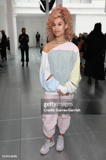 Raye attends the Fashion East show during London Fashion Week February 2018 at TopShop Show Space on February 18, 2018 in London, England.