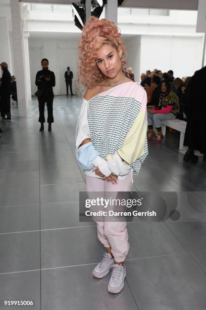 Raye attends the Fashion East show during London Fashion Week February 2018 at TopShop Show Space on February 18, 2018 in London, England.