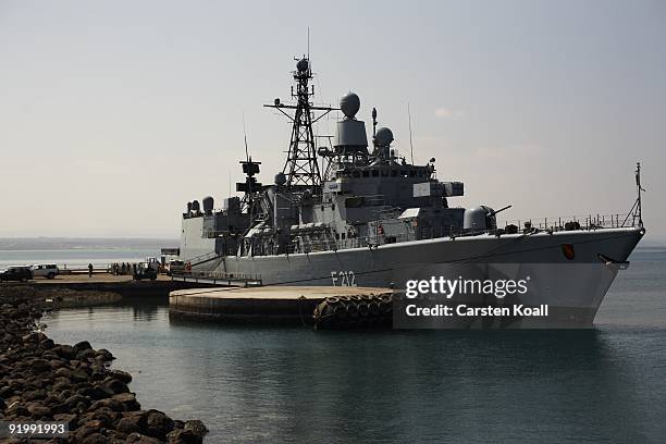 The german frigate Karlsruhe is docked in the Port of Djibouti on December 15, 2008 in Djibouti. The warship F212 of the German Navy takes part in...