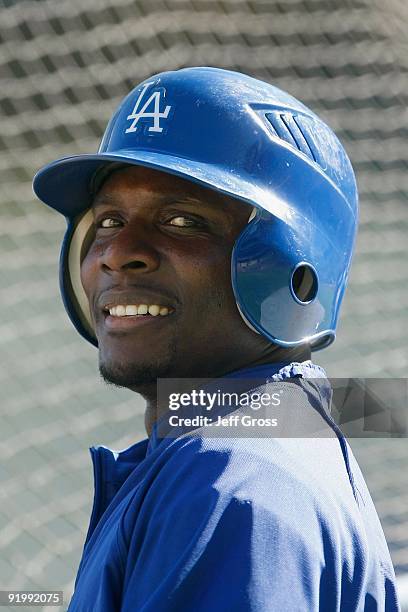 Orlando Hudson of the Los Angeles Dodgers looks on during warm ups prior to the start of Game Two of the NLCS against the Philadelphia Phillies...