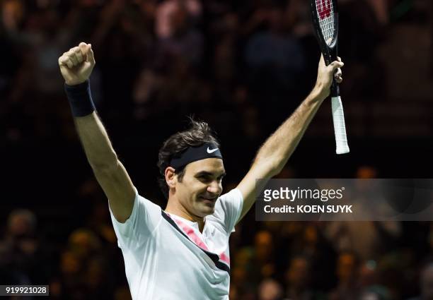 Roger Federer of Switzerland celebrates after victory against Grigor Dimitrov of Bulgaria during their men's singles final for the ABN AMRO World...