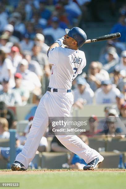 James Loney of the Los Angeles Dodgers bats against the Philadelphia Phillies during Game Two of the NLCS during the 2009 MLB Playoffs at Dodger...