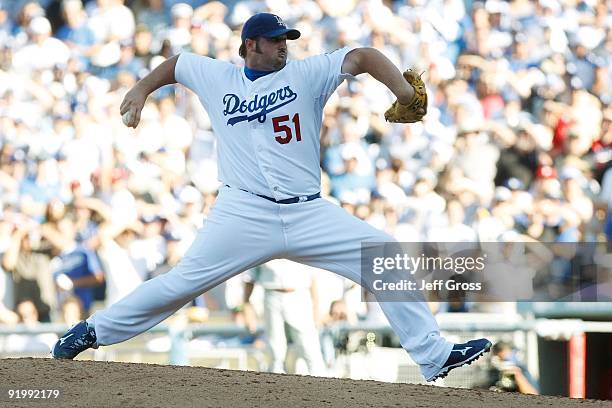 Jonathan Broxton of the Los Angeles Dodgers pitches against the Philadelphia Phillies during Game Two of the NLCS during the 2009 MLB Playoffs at...