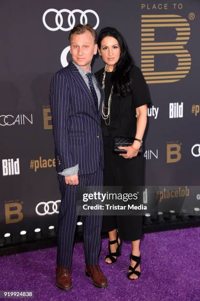 Robert Stadlober, Minu Barati Fischer attend the PLACE TO B Party on February 17, 2018 in Berlin, Germany.