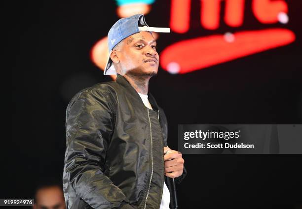Rapper Slim 400 performs onstage during the first annual YG & Friend's Nighttime Boogie Concert at The Shrine Auditorium on February 17, 2018 in Los...