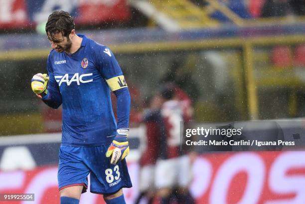 Antonio Mirante goalkeeper of Bologna FC celebrates after the goal scored by his teamate Erik Pulgar during the serie A match between Bologna FC and...