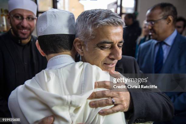Mayor of London, Sadiq Khan, embraces a Muslim cultural leader during a visit to Al Manaar mosque on Visit My Mosque Day on February 18, 2018 in...