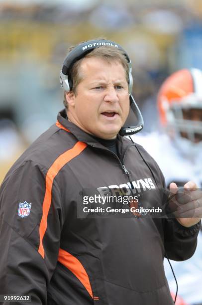 Head coach Eric Mangini of the Cleveland Browns looks on from the sideline during a game against the Pittsburgh Steelers at Heinz Field on October...