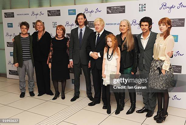 Mayor of London Boris Johnson poses with composer Mark Bradshaw, Producers Caroline Hewitt, Jan Chapman, Samuel Roukin, Edie Martin, Director Jane...