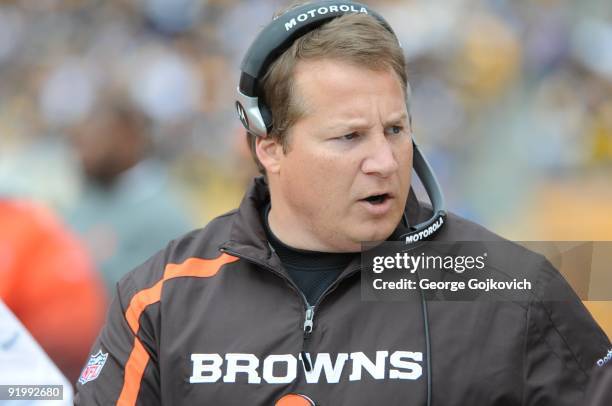 Head coach Eric Mangini of the Cleveland Browns looks on from the sideline during a game against the Pittsburgh Steelers at Heinz Field on October...