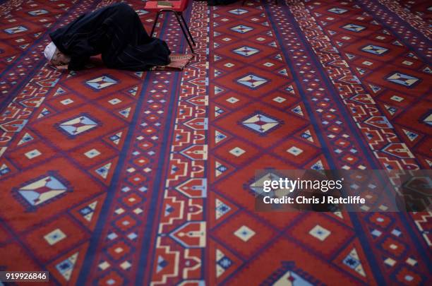 Muslim man prays in the prayer room at Al Manaar mosque on Visit My Mosque Day on February 18, 2018 in London, England. Visit My Mosque Day is a...