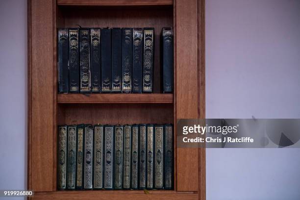 Copies of the Quran in the prayer room at Al Manaar mosque on Visit My Mosque Day on February 18, 2018 in London, England. Visit My Mosque Day is a...