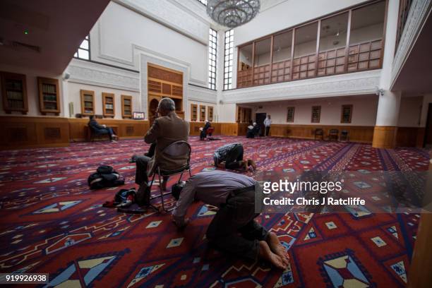 Muslim men pray in the prayer room at Al Manaar mosque on Visit My Mosque Day on February 18, 2018 in London, England. Visit My Mosque Day is a...