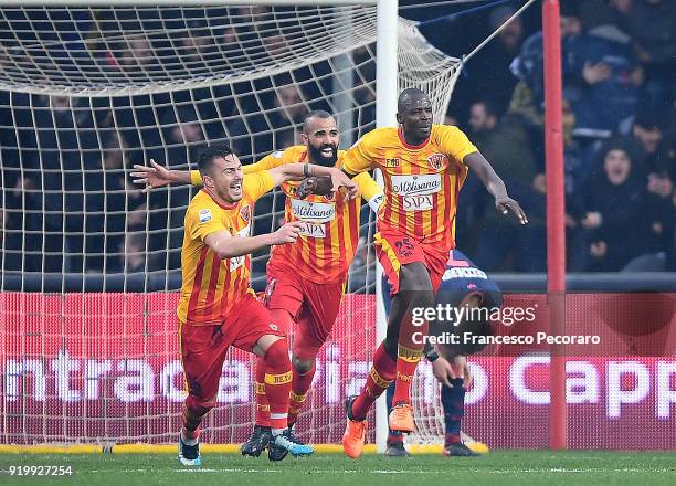 Alin Tosca, Sandro and Cheick Diabatè of Benevento Calcio celebrate the 3-2 goal scored by Cheick Diabatè during the serie A match between Benevento...