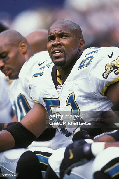Kevin Hardy of the Jacksonville Jaguars looks on during a NFL football game against the Pittsburgh Steelers on October 3, 1999 at Three Rivers...