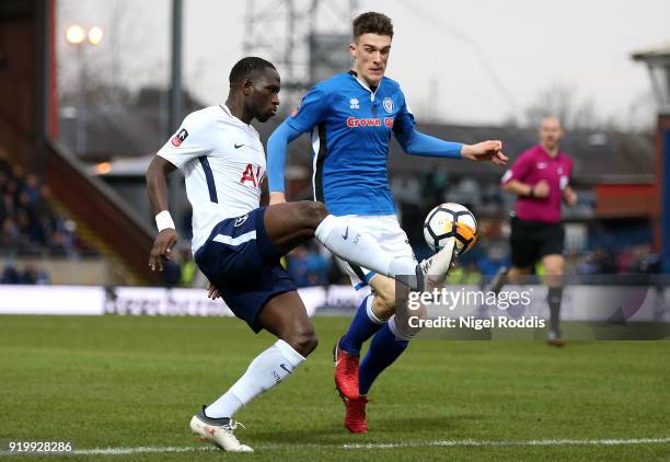 Ryan Delaney of Rochdale AFC tackles Moussa Sissoko of Tottenham Hotspur during The Emirates FA Cup Fifth Round match between Rochdale and Tottenham...