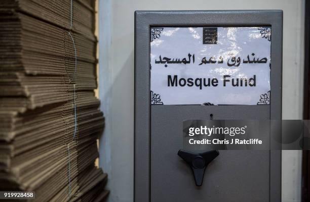Donation box is seen at Al Manaar mosque on Visit My Mosque Day on February 18, 2018 in London, England. Visit My Mosque Day is a national initiative...