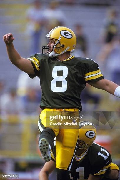 Ryan Longwell of the Green Bay Packers kicks a field goal during a NFL football game against the Detroit Lions on September 26, 1999 at Lambeau Field...