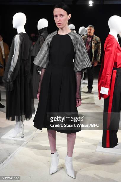 Model showcases a design at the Jens Laugesen presentation during London Fashion Week February 2018 at 180 The Strand on February 18, 2018 in London,...