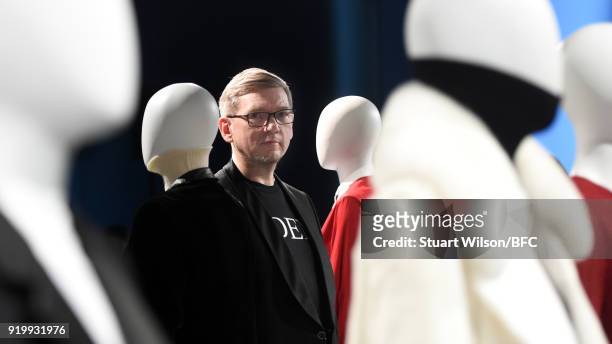Fashion designer Jens Laugesen at his presentation during London Fashion Week February 2018 at 180 The Strand on February 18, 2018 in London, England.