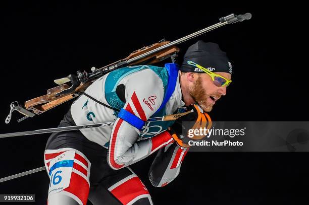 Simon Eder of Austria competing in 15 km mass start biathlon at Alpensia Biathlon Centre, Pyeongchang, South Korea on February 18, 2018.