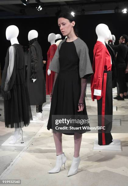Model showcases a design at the Jens Laugesen presentation during London Fashion Week February 2018 at 180 The Strand on February 18, 2018 in London,...