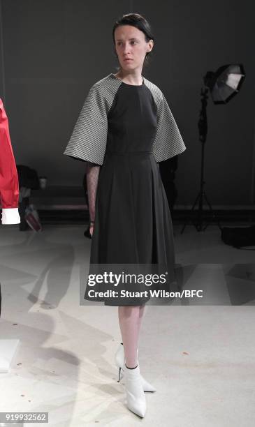 Model showcases a design at the Jens Laugesen presentation during London Fashion Week February 2018 at 180 The Strand on February 18, 2018 in London,...