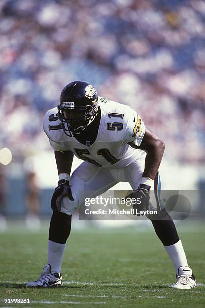 Kevin Hardy of the Jacksonville Jaguars gets into postion during a NFL football game against the Baltimore Ravens on August 31, 1997 at Memorial...