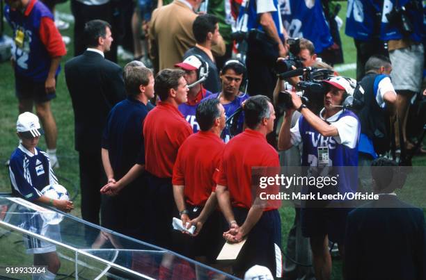 June 1998 - World Cup 1998 Football - Romania v England - television cameras get close to the England coaching staff of Glenn Hoddle, John Gorman and...
