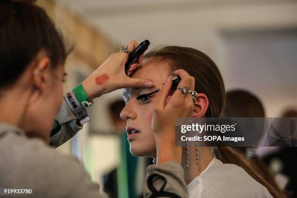 House of Holland's - Backstage - LFW February 2018. A model seen on the backstage before the House of Holland's show during London Fashion Week...