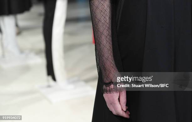 Model, detail, showcases a design at the Jens Laugesen presentation during London Fashion Week February 2018 at 180 The Strand on February 18, 2018...