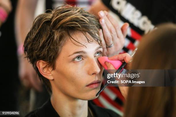 House of Holland's - Backstage - LFW February 2018. A model seen on the backstage before the House of Holland's show during London Fashion Week...