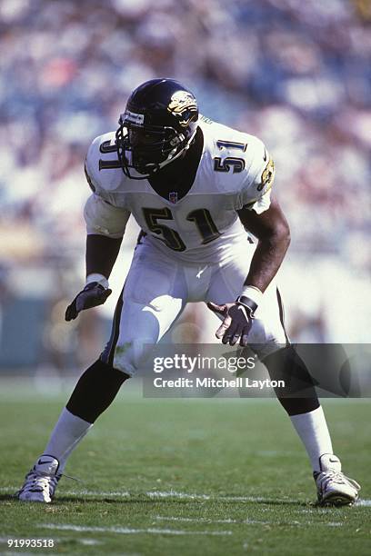Kevin Hardy of the Jacksonville Jaguars gets into postion during a NFL football game against the Pittsburgh Steelers on August 31, 1997 at Memorial...