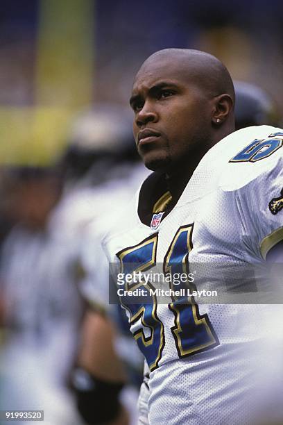 Kevin Hardy of the Jacksonville Jaguars looks on during a NFL football game against the Pittsburgh Steelers on August 31, 1997 at Memorial Stadium in...